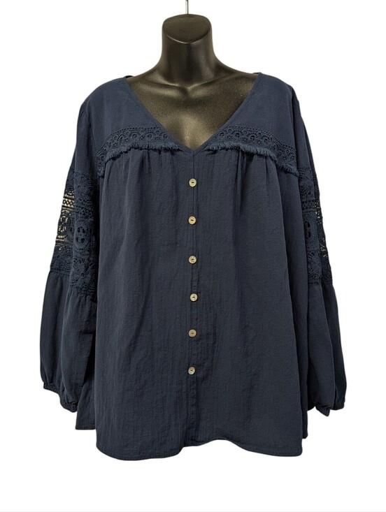 BloomChic Tops - BloomChic Crochet Lace Sleeve Blouse Plus Size 18 20 Navy Boho Cotton Top